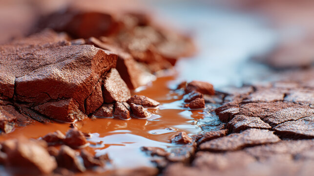 Cracked terracotta soil with mineral rich water creating aesthetic natural landscape with warm earthy tones and texture