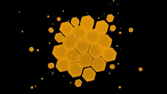 An organic, golden-orange 3D honeycomb structure with hexagonal cells floating amid smaller amber particles. Set against a solid black background, this graphic asset is excellent for honey product pro