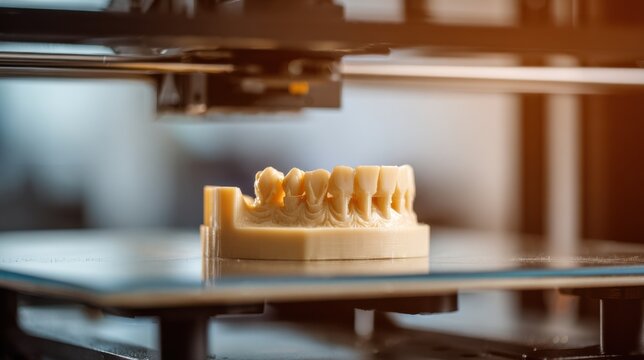 Closeup medium shot of a beige resin dental work model emerging on the build plate inside a 3D printer highlighting fine details of the orthodontic design against a softly