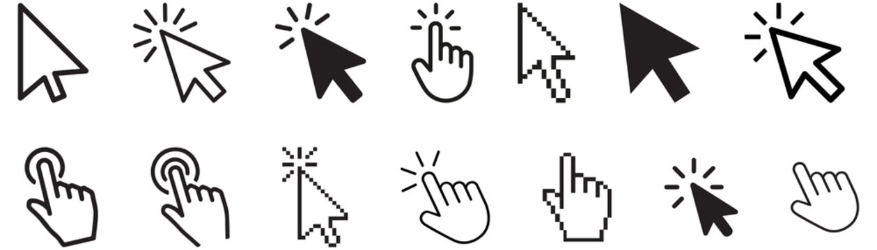 Hand cursor icons set in various styles