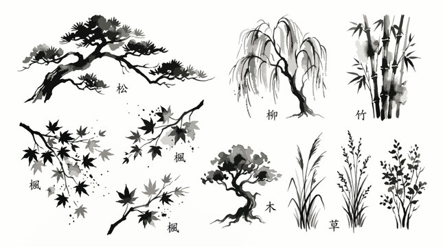 Set of traditional japanese ink wash painting style trees and plants