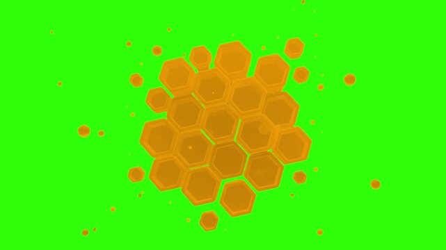 A vibrant 3D graphic showing an organic, golden-orange honeycomb structure with hexagonal cells floating amid smaller particles. Sourced against a chroma key green screen backdrop, this asset is excel