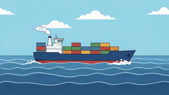 A 2D animated container cargo ship sails across ocean waves under a cloudy sky. This flat vector shipping transport loop is set against a simple blue sky background.