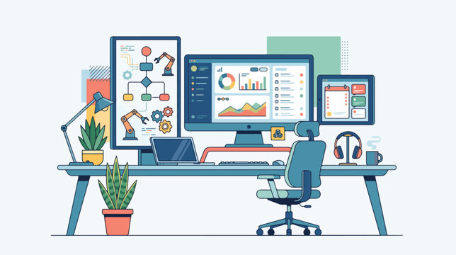 Modern office workspace featuring multiple computer screens with data analytics charts and robotic automation diagrams in a clean vector illustration style