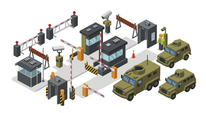 Security checkpoint with military vehicles and guard booths.