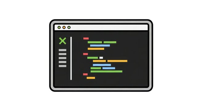 Flat vector illustration of a code editor window with colorful syntax highlighting.