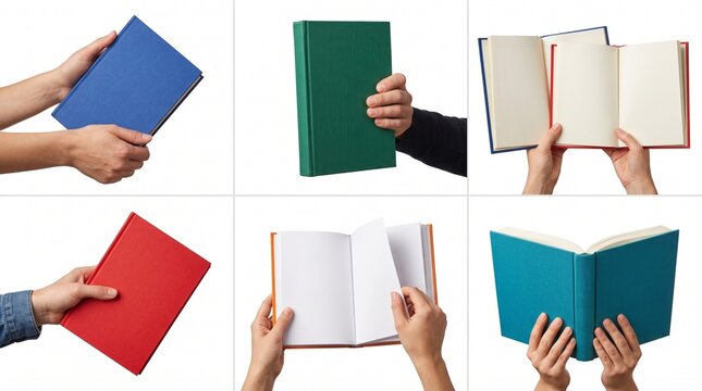 Multiple hands holding various colorful hardcover books in different positions against a clean white background showcasing diverse reading habits for educational and literary design project concepts
