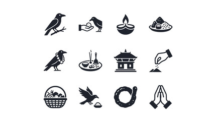 Obraz premium Indian Ritual Icons: Crow Offering, Diya Lamp, Temple, Prayer Hands