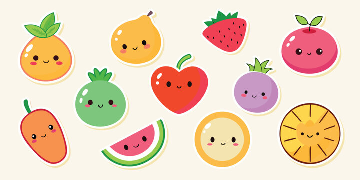 Cute fruit sticker set with kawaii style and happy expressions for design