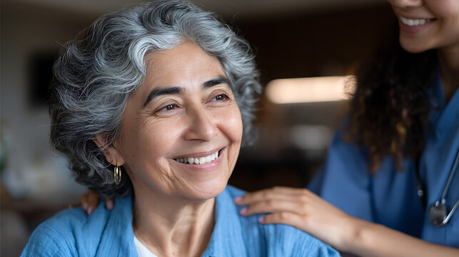 compassionate healthcare portrait showing caregiver comforting elderly woman indoors with gentle touch