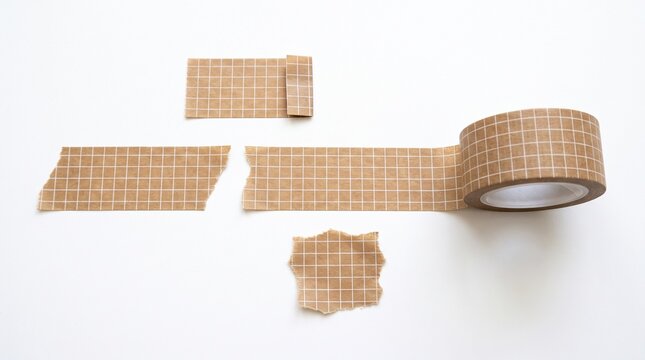 Brown washi tape roll with a white grid pattern alongside several torn strips and pieces isolated on a clean white background for creative craft projects