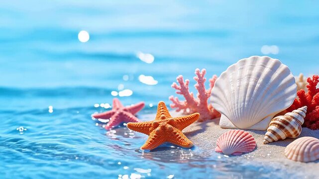 Sea shells starfish and coral on beach