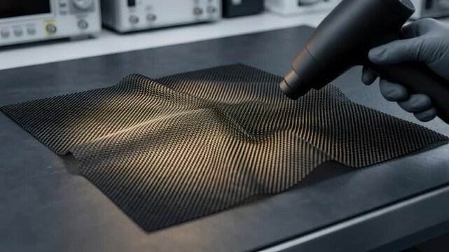 Technician using heat gun to shape carbon fiber composite sheet. Professional material processing for aerospace and automotive engineering manufacturing application.