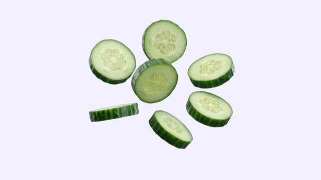 A crisp close-up 3D rendering of fresh, wet green cucumber slices falling and rotating in mid-air. Set against a clean, plain off-white backdrop, this healthy food asset is tailored for organic skinca