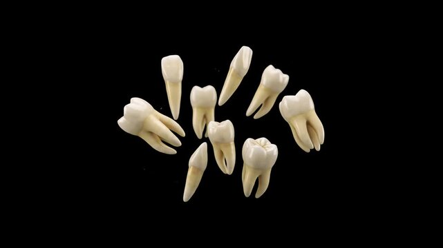 3D animation of realistic white human teeth and molars floating isolated over a dark black background. Perfect for professional dentistry presentations, dental implant promos, oral surgery videos, med