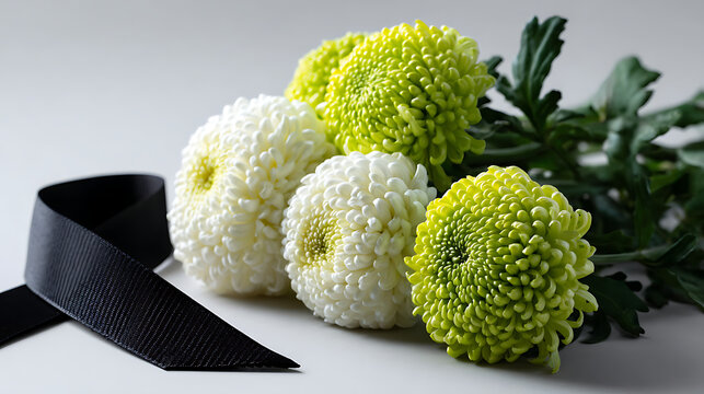 funeral flower arrangement featuring white blossoms and black ribbon symbolizing grief and mourning