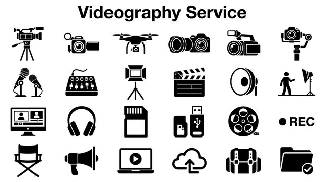 A collection of various videography service icons including cameras, equipment, and accessories on a white background with diverse tools