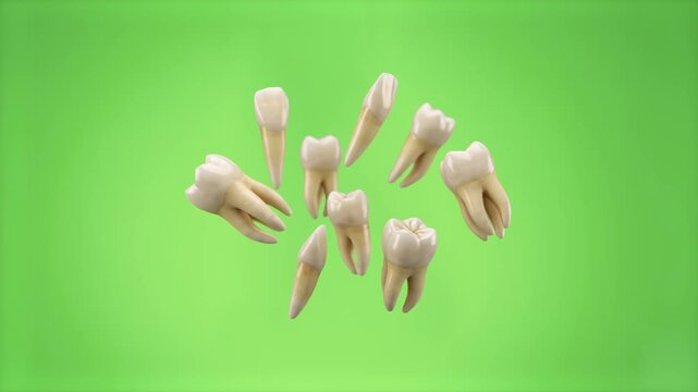 Realistic 3D anatomical models of human teeth, molars, and roots tumbling and levitating against a solid green screen backdrop. Suitable for dental care commercials, stomatology videos, tooth loss pro