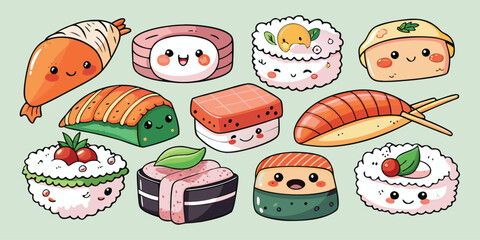 Cute sushi food stickers set featuring happy cartoon characters and rolls © Sadhin07