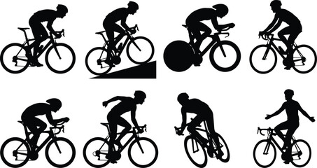 Naklejka premium Road Cycling Silhouette Collection with Racing Cyclists Training Riding and Bicycle Action Poses
