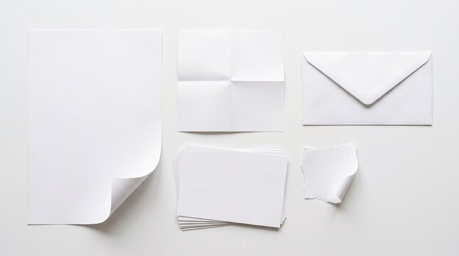Blank white stationery set including a folded page an envelope a stack of rectangular cards and a small torn piece arranged on a clean flat surface