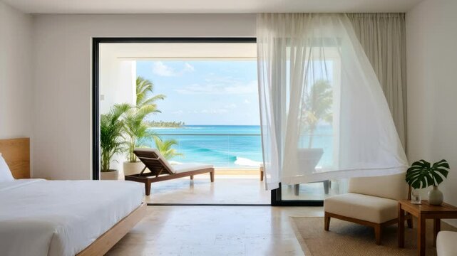 White curtain blowing in wind inside luxury hotel room with balcony overlooking ocean. Tropical island resort bedroom with palm tree view for vacation travel.