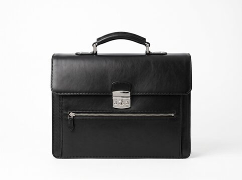 Elegant professional leather briefcase in deep black color featuring a shiny silver metallic lock and a sturdy handle isolated against a clean bright white studio background