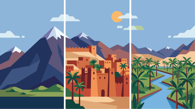 Flat vector illustration featuring a triptych of a desert fortress landscape with majestic snowy mountains and a winding river oasis