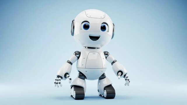 A smiling robot with headphones sits on a blue surface looking happy and friendly.