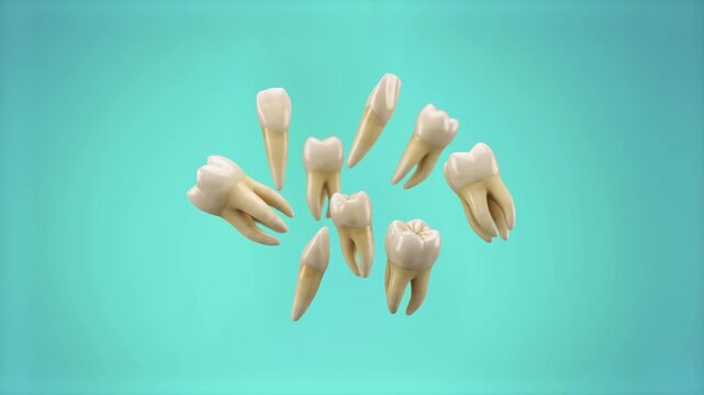 A detailed 3D medical rendering of various extracted human teeth, including molars, premolars, and incisors with visible root structures, levitating against a solid turquoise backdrop. Excellent for d