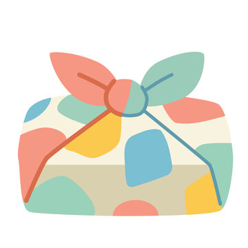 Colorful Furoshiki gift wrap with abstract pastel shapes and a decorative bow.