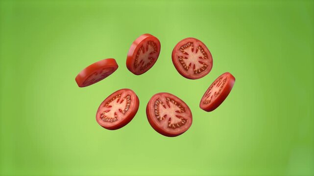 Fresh red tomato slices floating and falling through the air, isolated on a chroma key green screen background. Great for burger commercials, pizza topping promotions, salad preparation clips, and foo