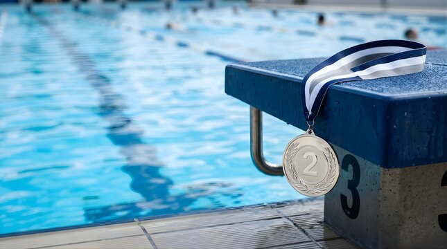 Silver medal placed on a swimming pool starting block after the race