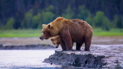 Brown Bear Mother and Cub Standing on Rocky Riverbank in Alaska - Grizzly Bear Family Wildlife Portrait © Banu