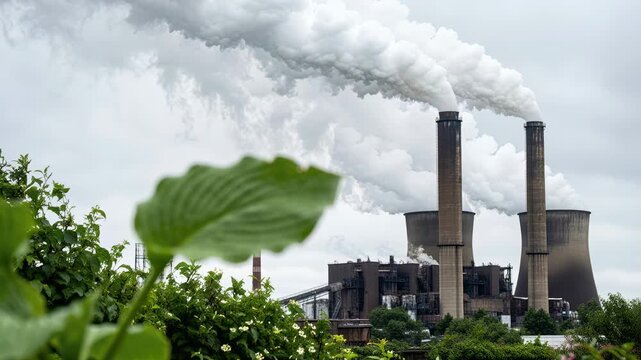 Green leaf in foreground with industrial factory chimneys emitting smoke in background. Environmental impact and nature contrast with air pollution and industry.