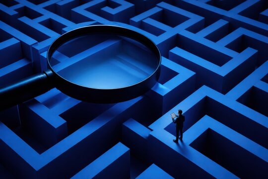 Maze search concept with magnifying glass and businessman in blue labyrinth 3D rendering