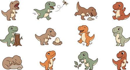 Cute Baby Tyrannosaurus Rex Dinosaur Character Collection Featuring Adorable T-Rex Running Roaring Sleeping and Playing with Dragonflies for Kids Graphic Designs © MdMostakin