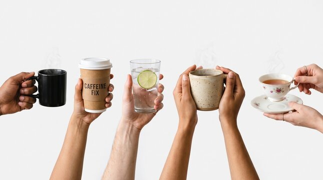 Diverse hands holding various hot and cold beverage containers including a black mug a paper cup a glass of water and a vintage floral teacup