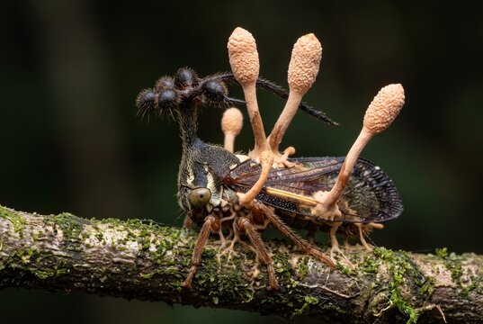 Dead Brazilian treehopper infected by parasitic Cordyceps fungus on branch
