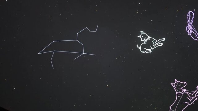 Immersive planetarium dome projection showing planet Saturn, stars constellation map and deep space universe exploration.