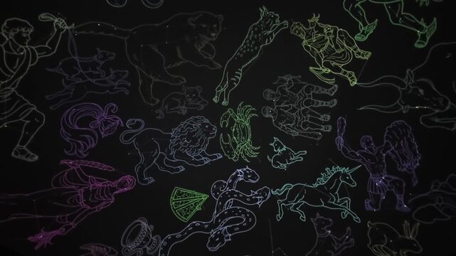 Immersive planetarium dome projection showing planet Saturn, stars constellation map and deep space universe exploration.