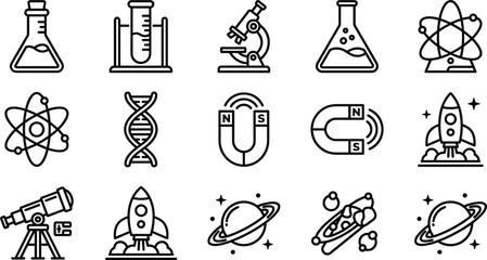 Science and Technology Line Icon Set Featuring Flask Microscope Atom DNA Magnet Rocket Telescope and Planet Vector Symbols for Education and Research © BijoyChandra