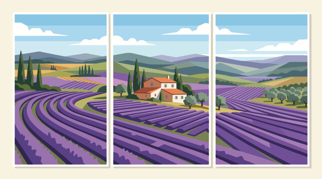 Flat vector illustration featuring a beautiful provence lavender field landscape with a rustic farmhouse under a bright blue summer sky