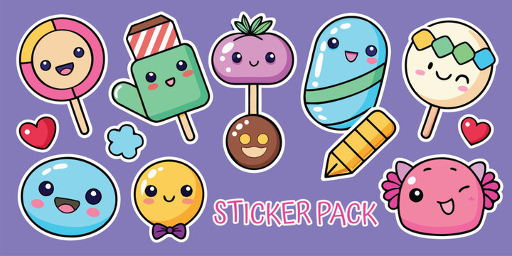 Sticker pack of adorable kawaii sweets and candy treats