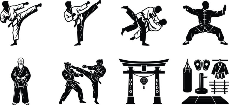 Martial arts vector illustration set featuring karate fighters judo throws tai chi poses and dojo equipment silhouettes