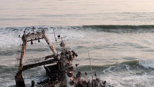 Aerial view of the Zeila shipwreck on the Skeleton Coast in Namibia, southwest Africa.