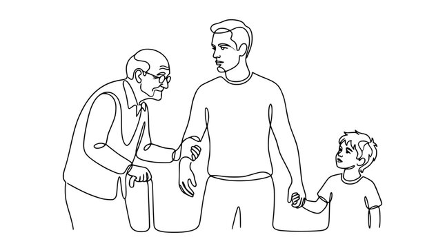 Generational Family Line Art: Grandfather, Father, Son Connected by Love