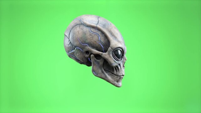 A creepy 3D animated extraterrestrial grey alien skull rotates slowly. This sci-fi horror asset is isolated on a chroma key green screen.