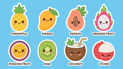Fototapeta premium Vibrant collection of cute tropical fruit vector illustrations featuring smiling faces and distinct labels isolated on a bright blue background