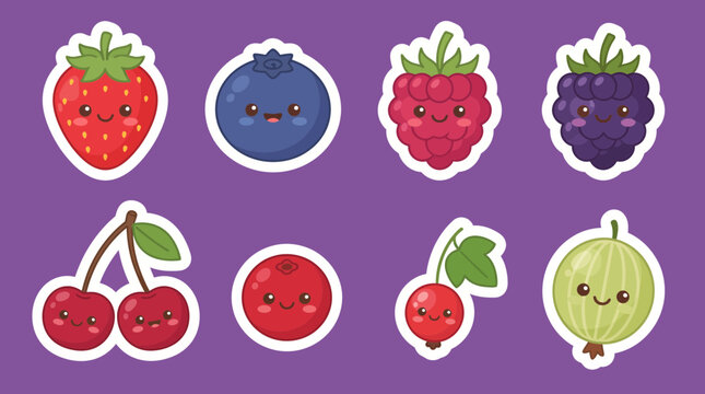 Colorful vector illustration featuring a set of cute smiling berry characters including strawberry blueberry raspberry blackberry cherry cranberry and gooseberry